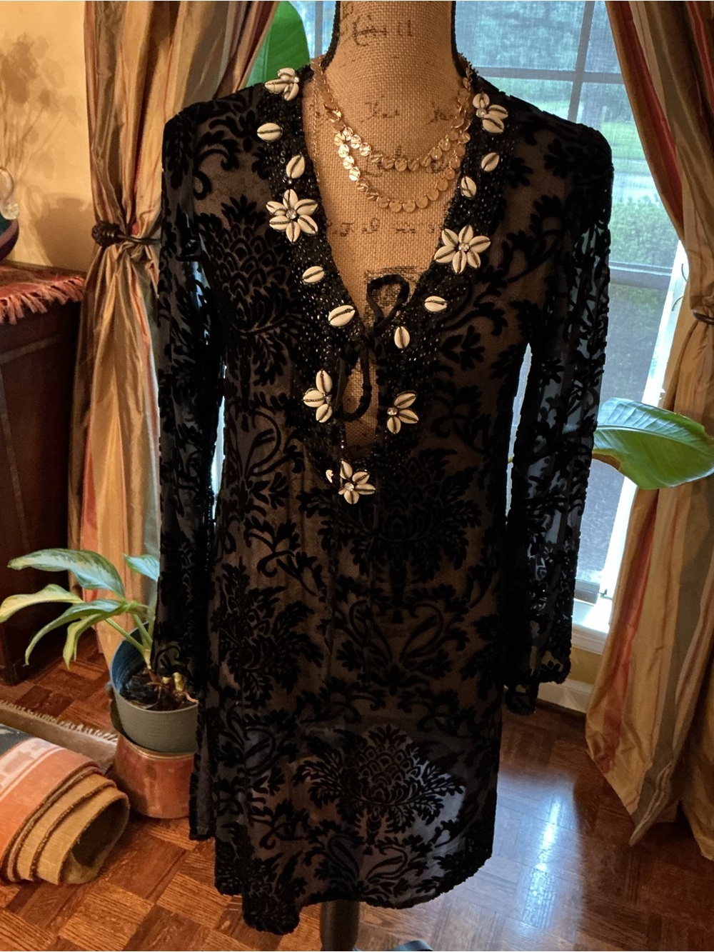 Aris Black Sheer Burnout Tunic with Beaded Shell Neckline